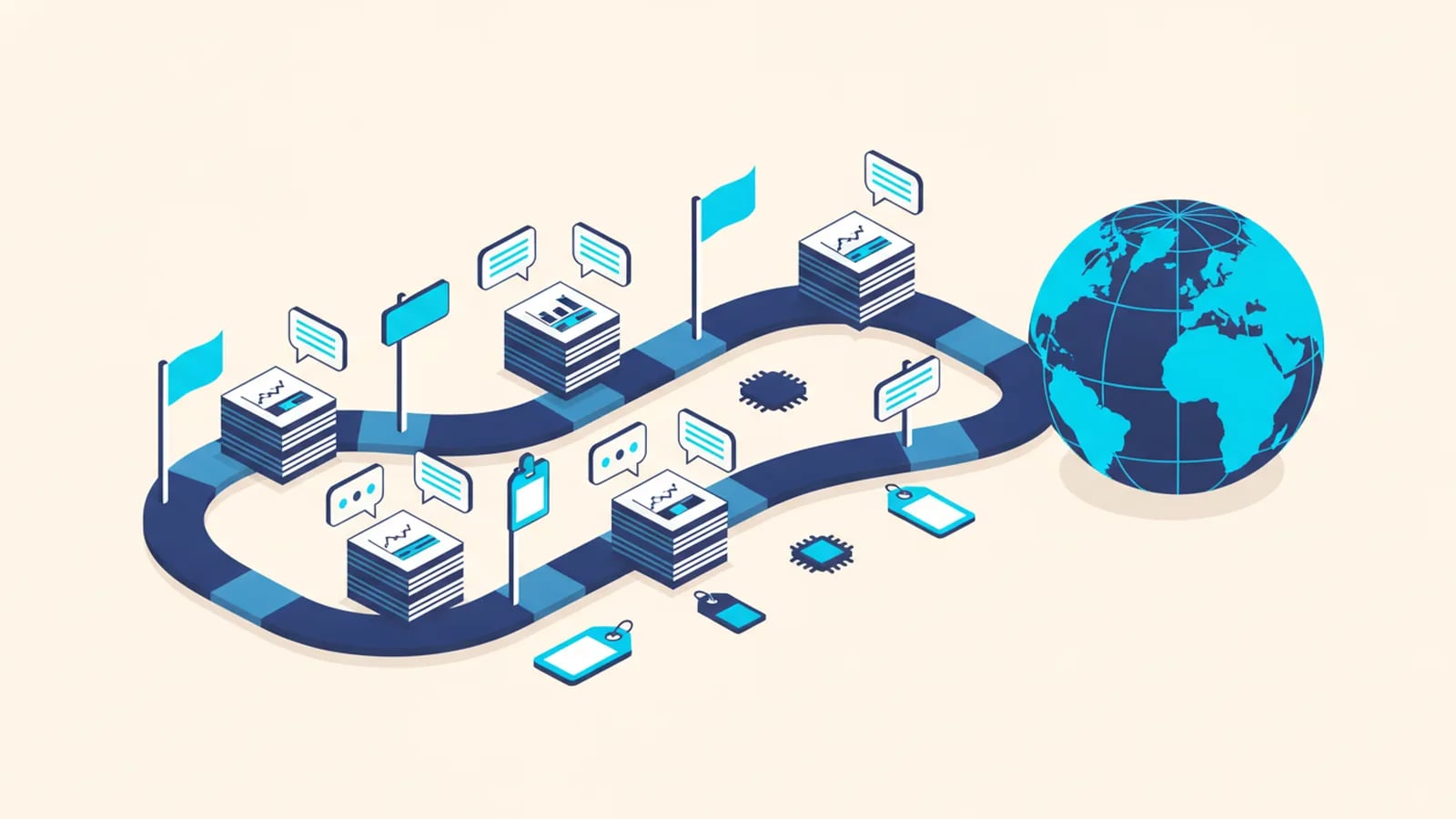 Isometric illustration of a winding timeline with milestone flags and stacks of translated documents leading to a globe.