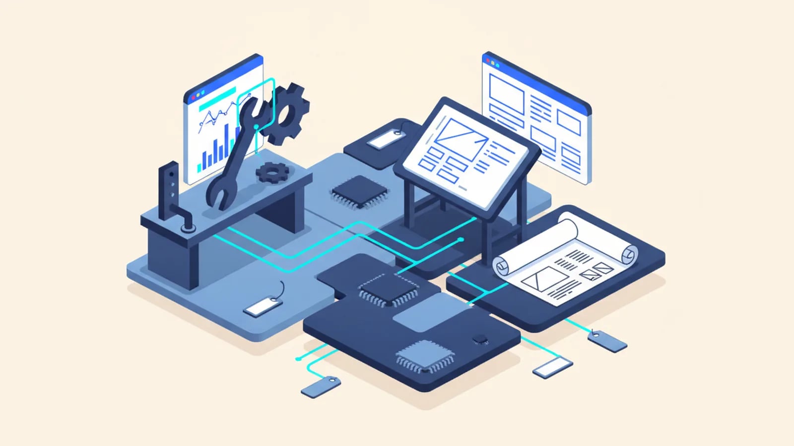 Isometric illustration of a workbench with a wrench and gear assembling an app window beside a blueprint.