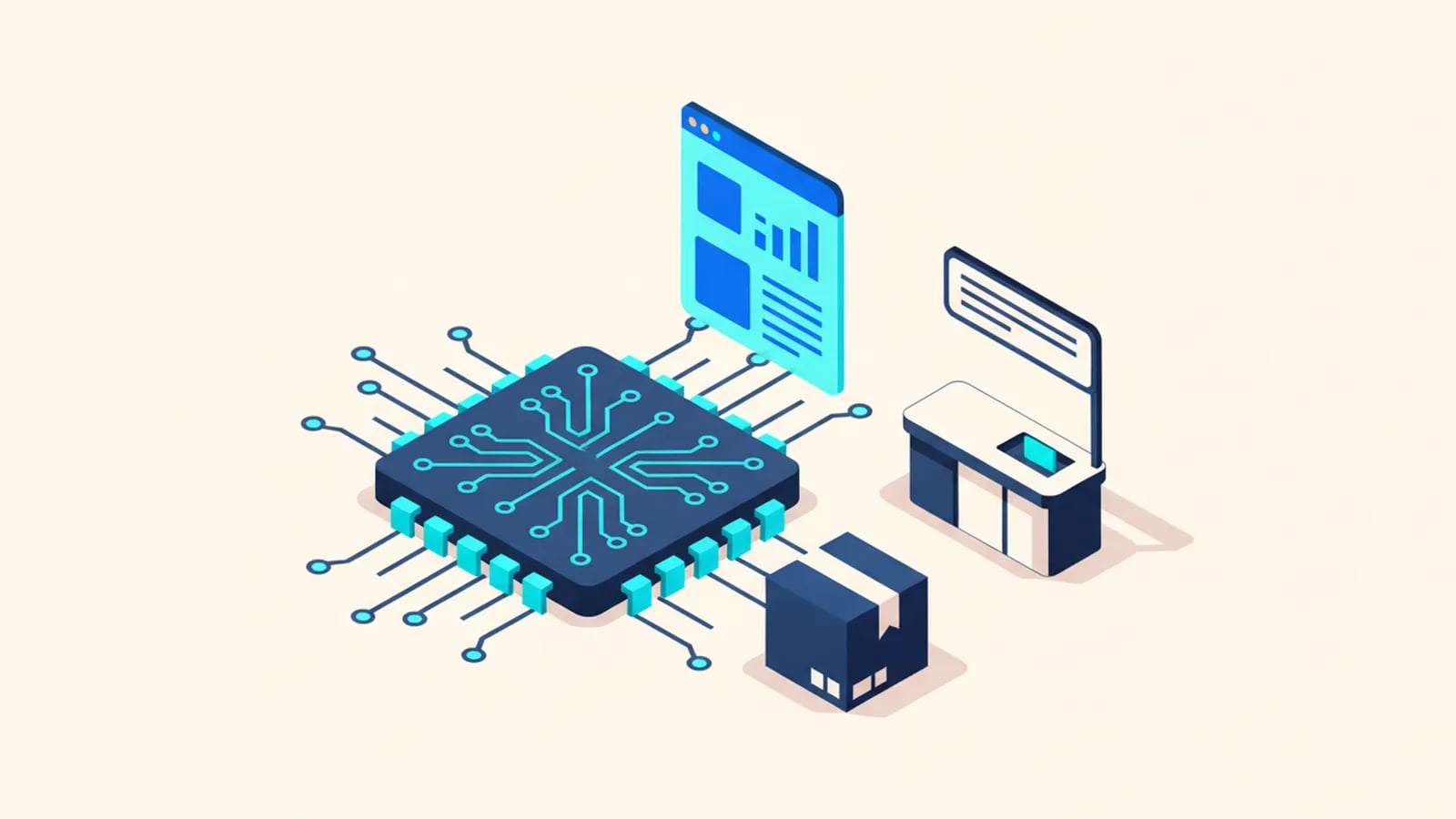 Isometric illustration of a microchip handing a finished app window to a sealed package beside a small storefront counter.