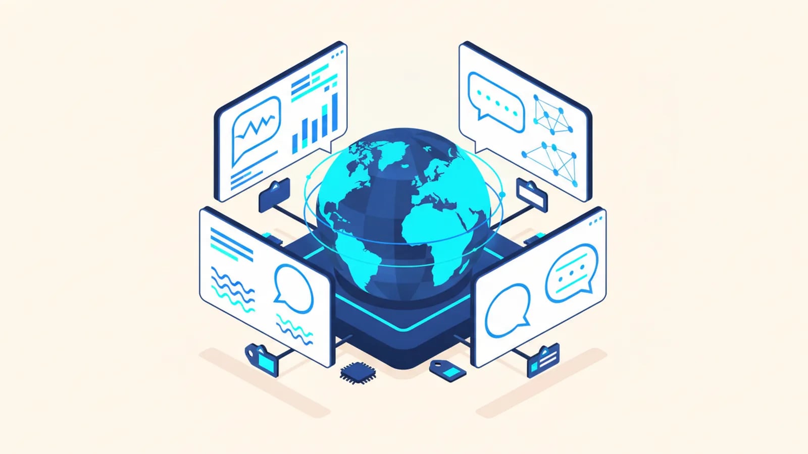 Isometric illustration of a globe on a platform surrounded by four app screens, each with a different speech bubble.