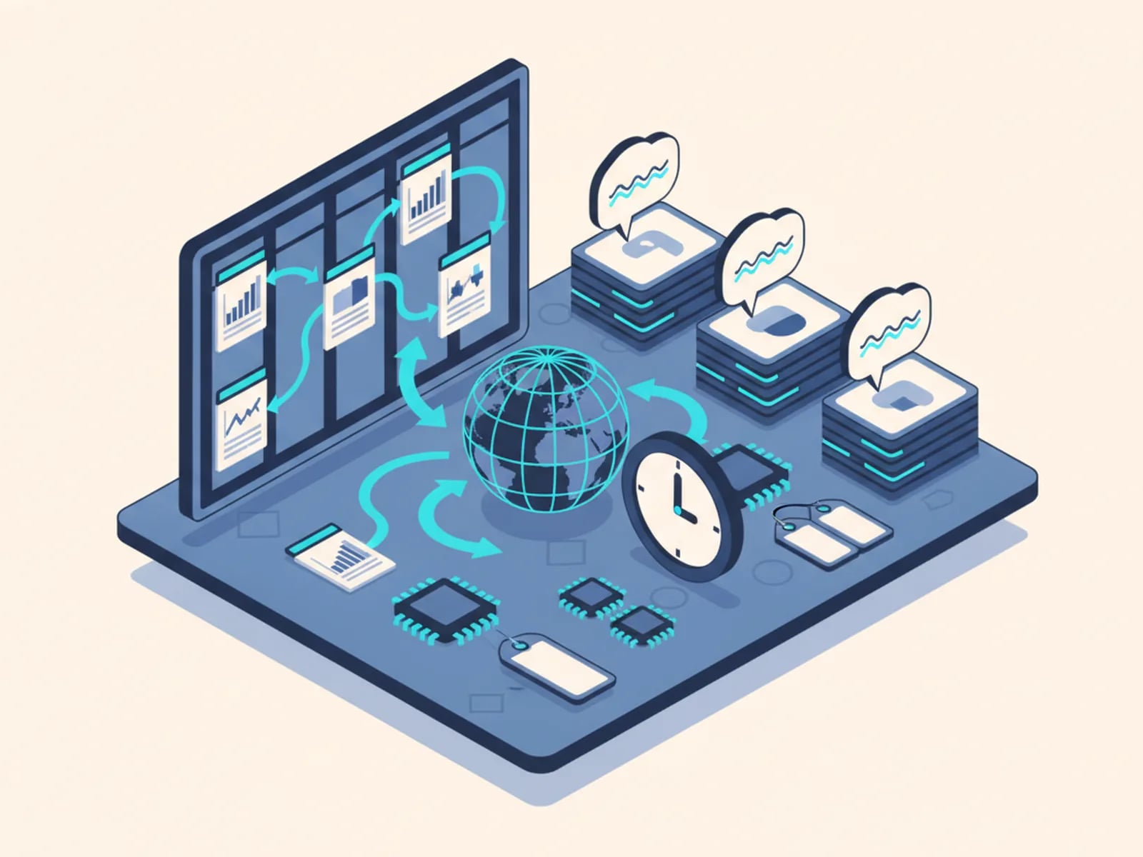 Isometric illustration of a project board with document cards, stacks of translated documents with speech bubbles, a globe and a clock.