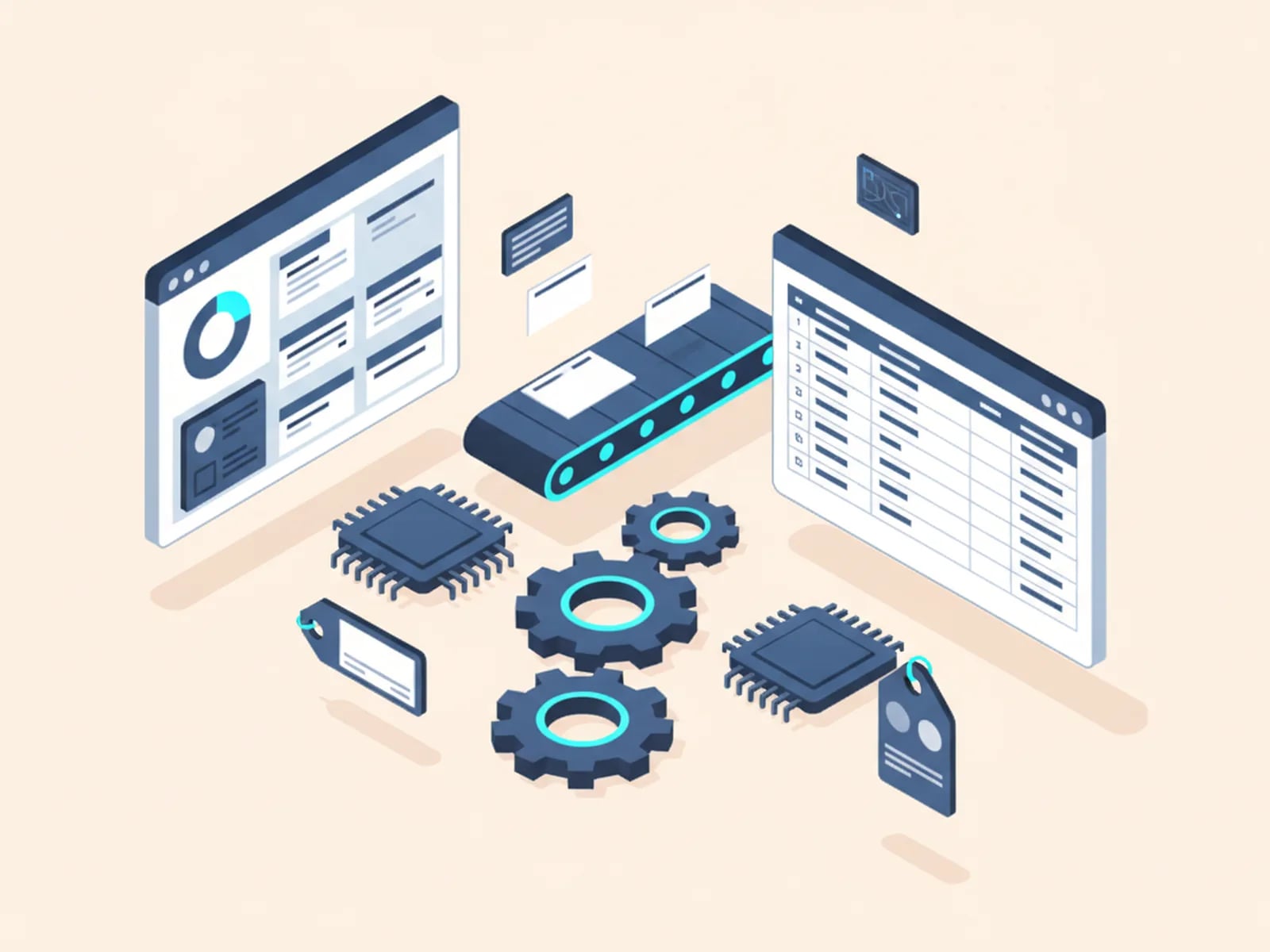 Isometric illustration of an operations dashboard, a conveyor feeding invoices into a data table, and gears.
