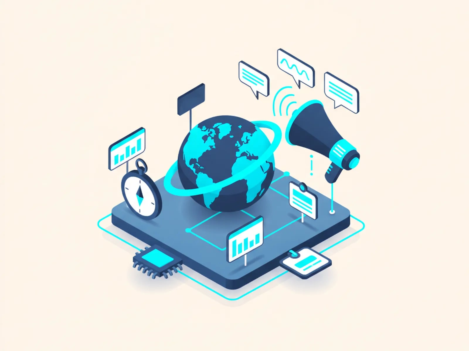 Isometric illustration of a globe with a megaphone, speech bubbles and a compass on a platform.