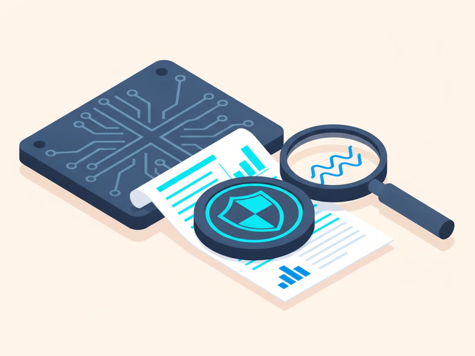 Isometric illustration of a microchip, a code document with a round stamp seal and a shield, and a magnifying glass.