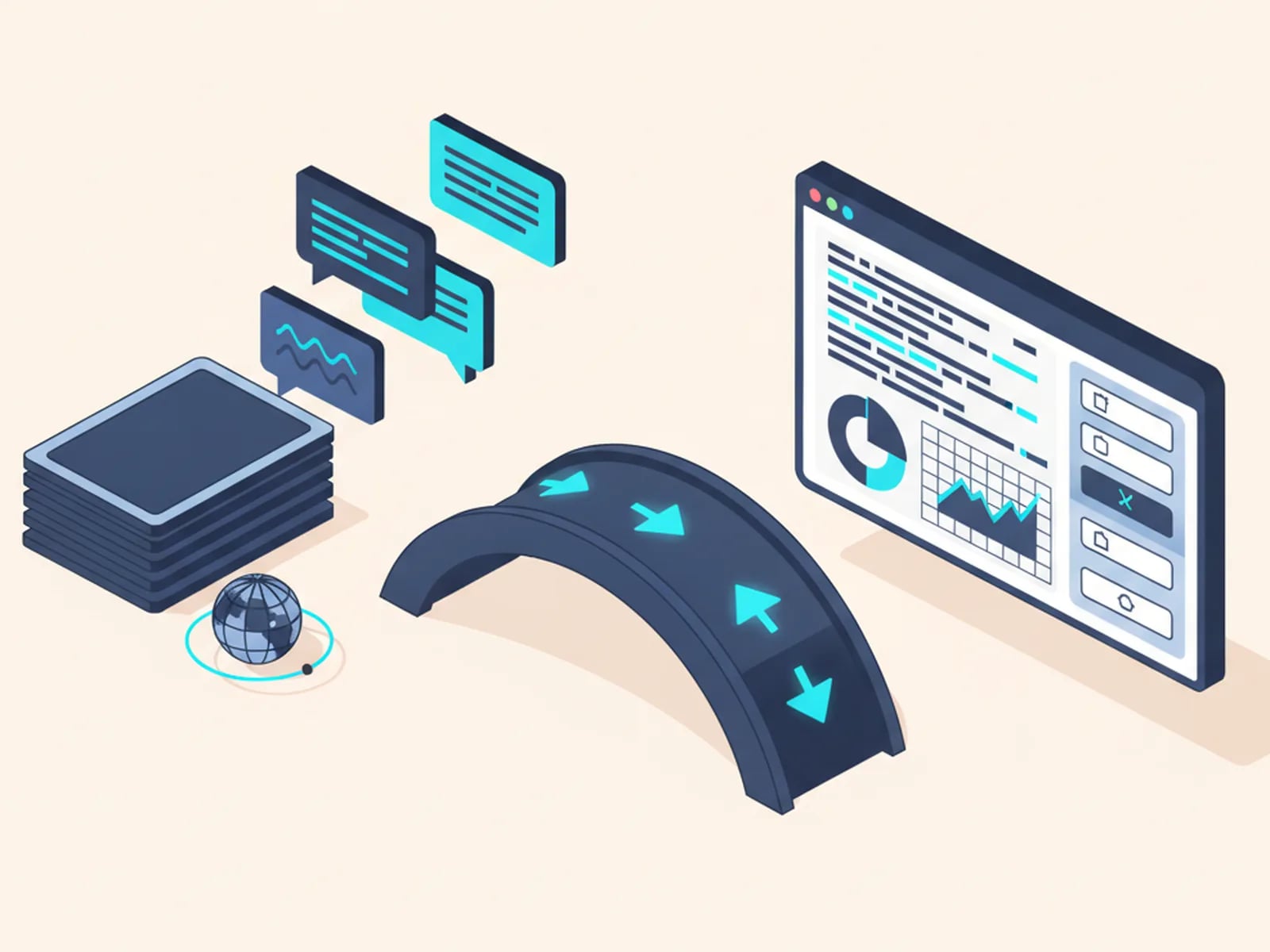 Isometric illustration of a bridge linking a stack of documents and a globe, representing translation, to a software dashboard with code.