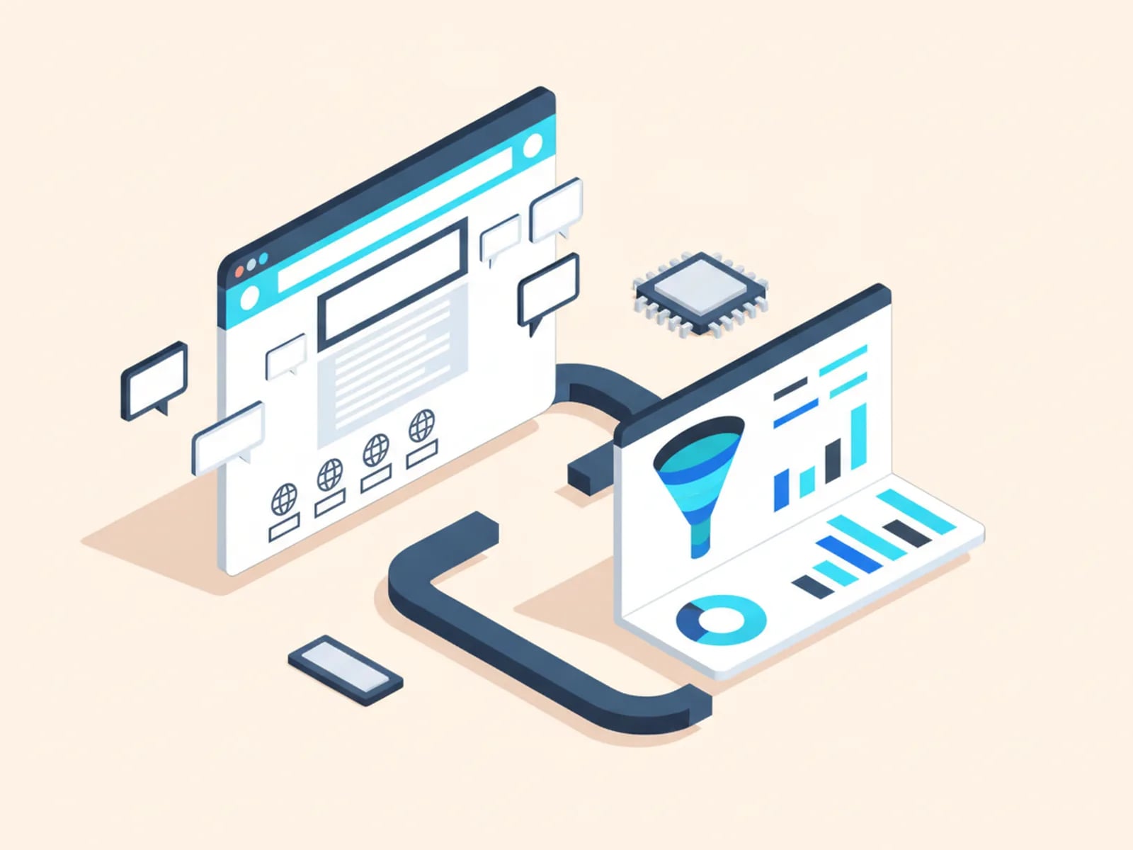 Isometric illustration of a multilingual website blueprint and an analytics dashboard joined by a bracket into one system.