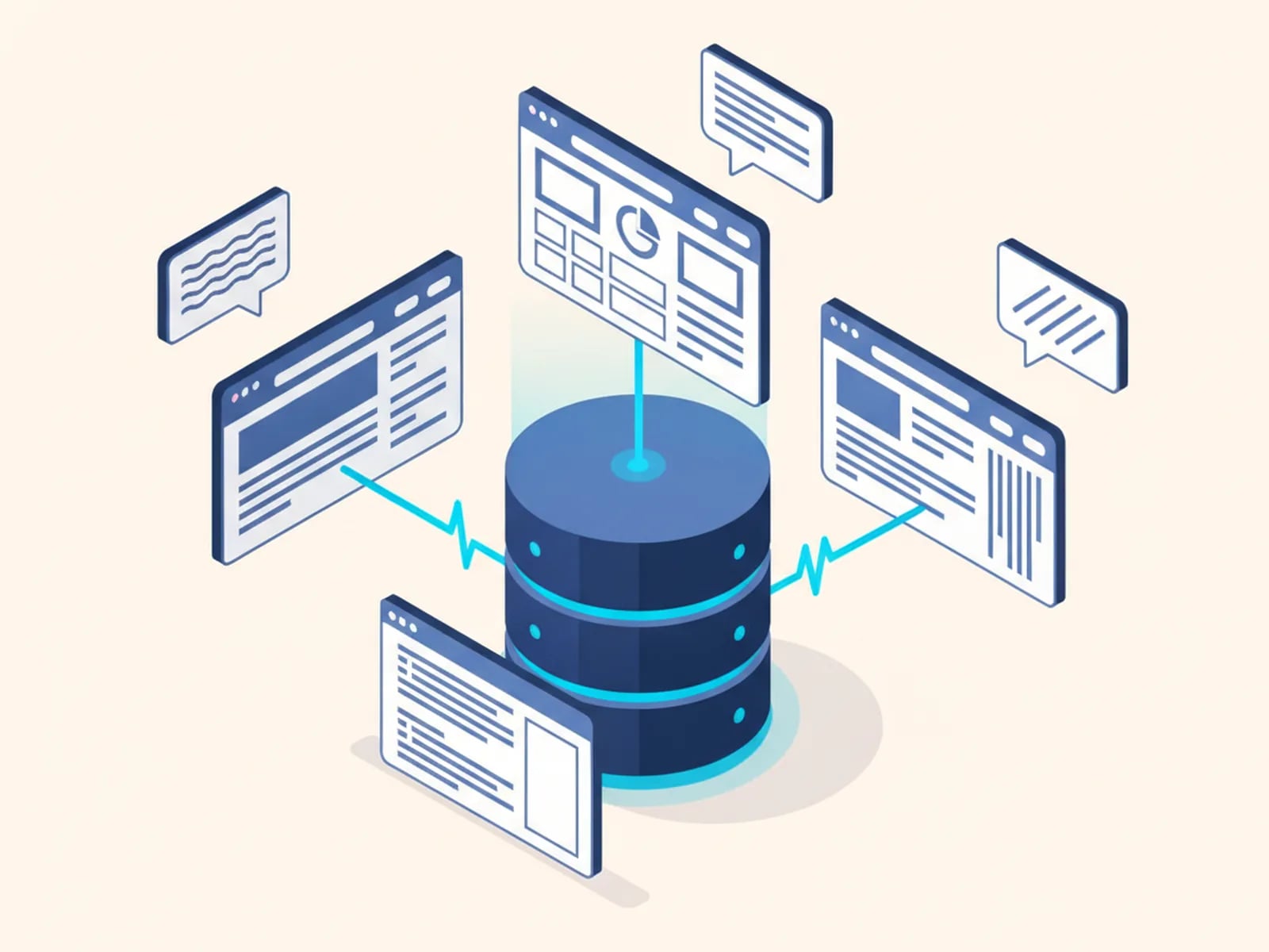 Isometric illustration of a content database feeding three website windows in different language layouts, one mirrored, with a tracking line through them.