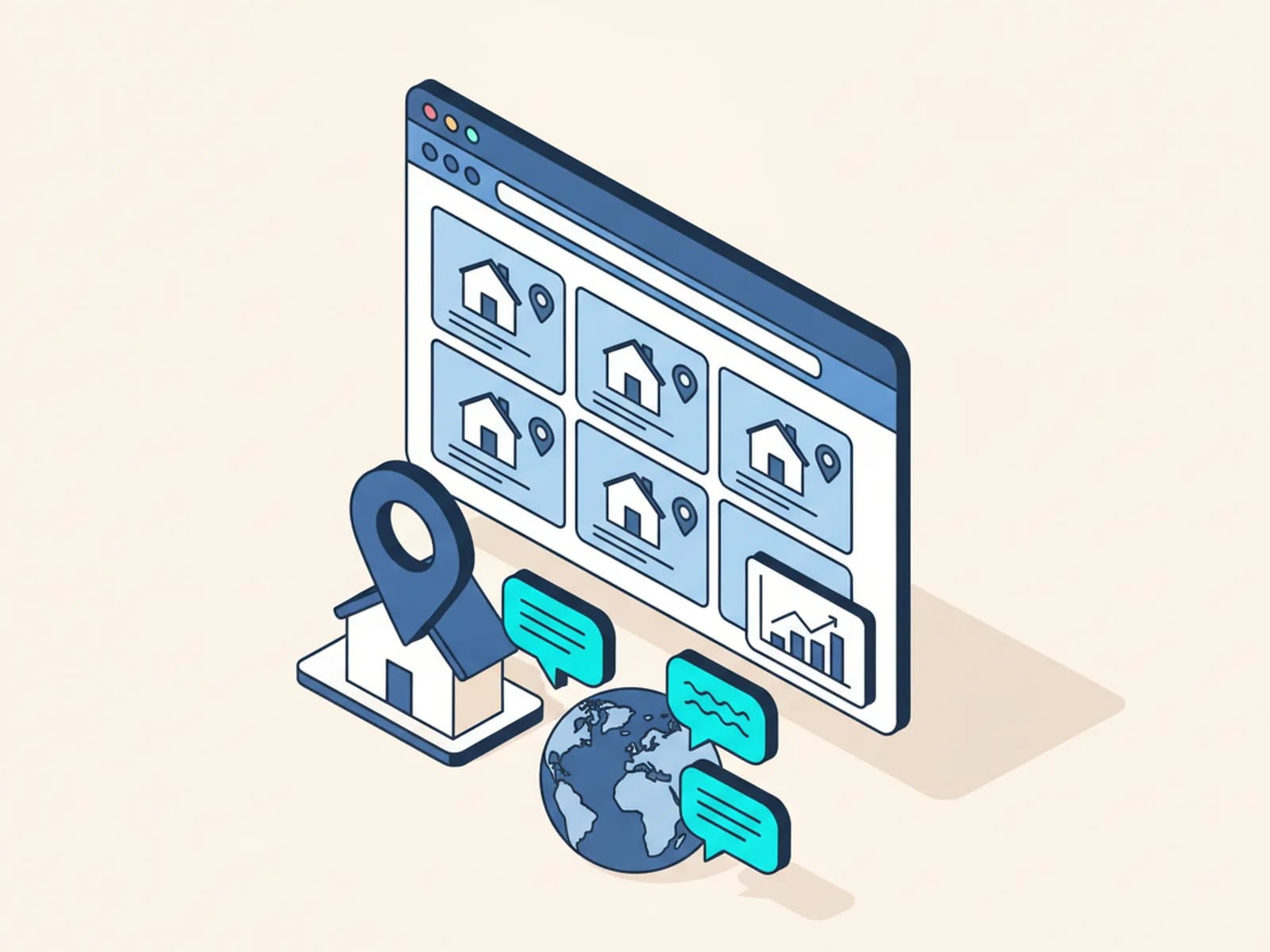 Isometric illustration of a real estate website with a grid of listings, a house with a location pin, a globe with speech bubbles and an analytics panel.
