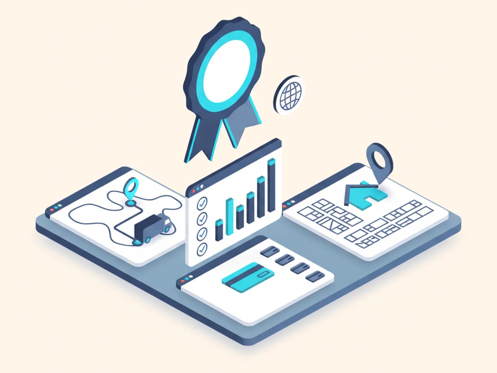Isometric illustration of three client project windows on one platform, a route map with a truck, a chart panel with check marks and bank cards, and a property listing with a pin, under an award rosette.