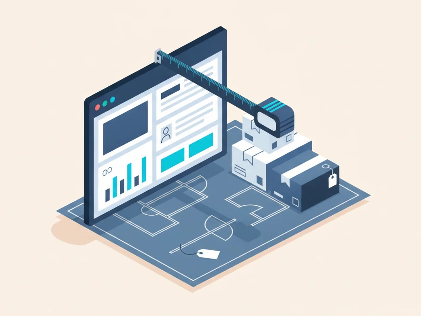 Isometric illustration of a tailored app being measured on a drafting table, beside generic off-the-shelf boxes.