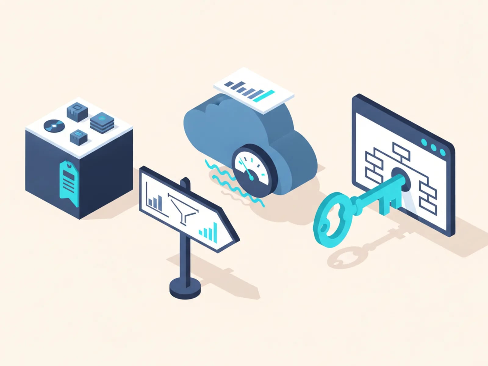 Isometric illustration of three options on platforms, boxed software, a subscription cloud and a custom app, with a signpost.