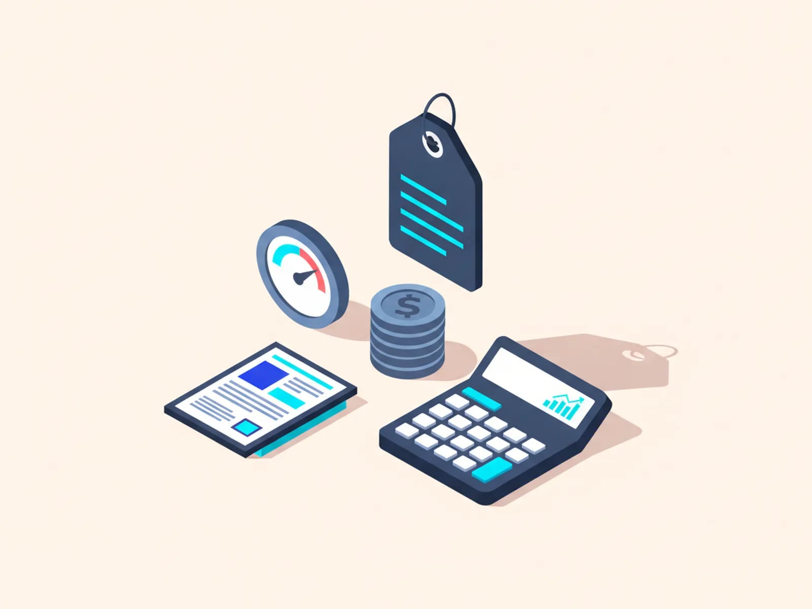 Isometric illustration of a price tag, coins, a calculator and a fixed-scope document with a steady gauge.