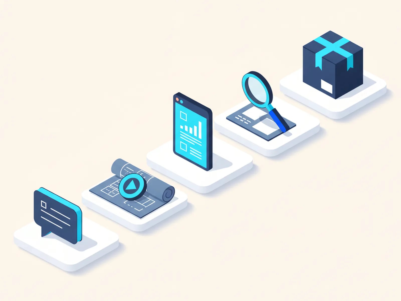 Isometric illustration of five rising platforms holding a conversation, a blueprint, an app, a magnifier and a package.
