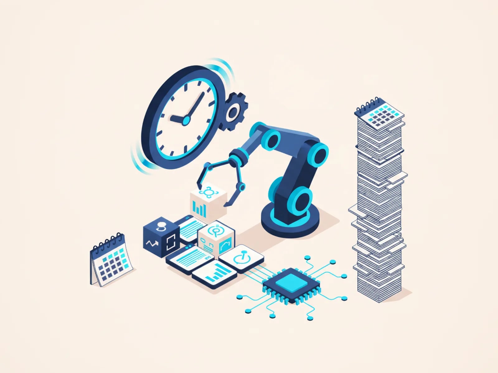 Isometric illustration of a robotic arm and microchip assembling app blocks quickly under a clock, a short stack of calendar pages beside a tall one.