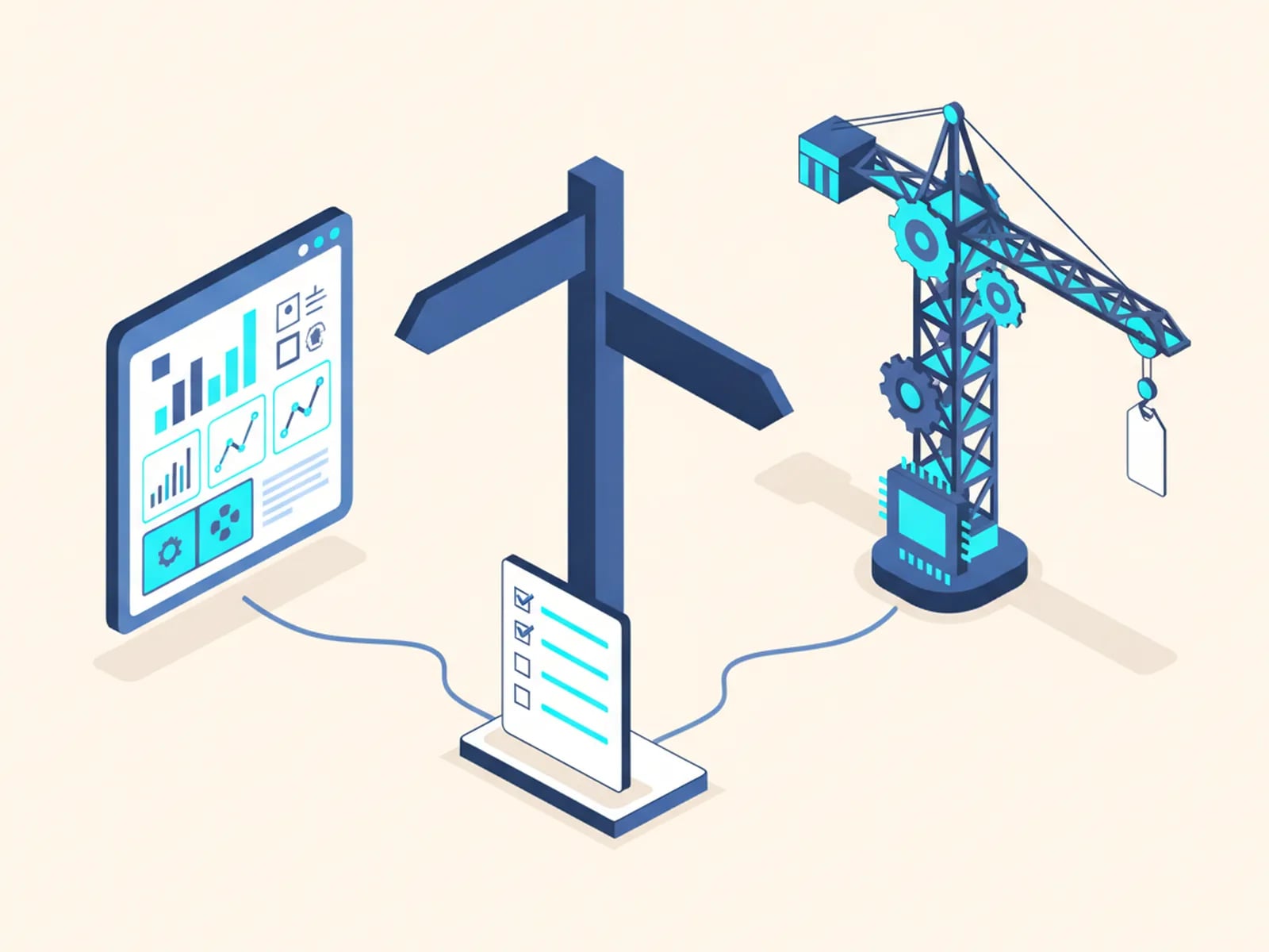 Isometric illustration of a signpost at a fork, one path to a ready-made app and one to a custom build, with a checklist.