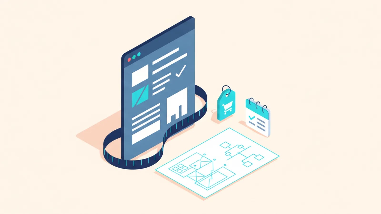 Isometric illustration of an app window wrapped by a measuring tape, beside a blueprint, a price tag and a calendar, showing custom-fit software.