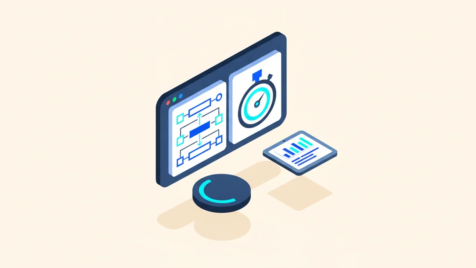 Isometric illustration of a video call window showing a workflow sketch next to a stopwatch.