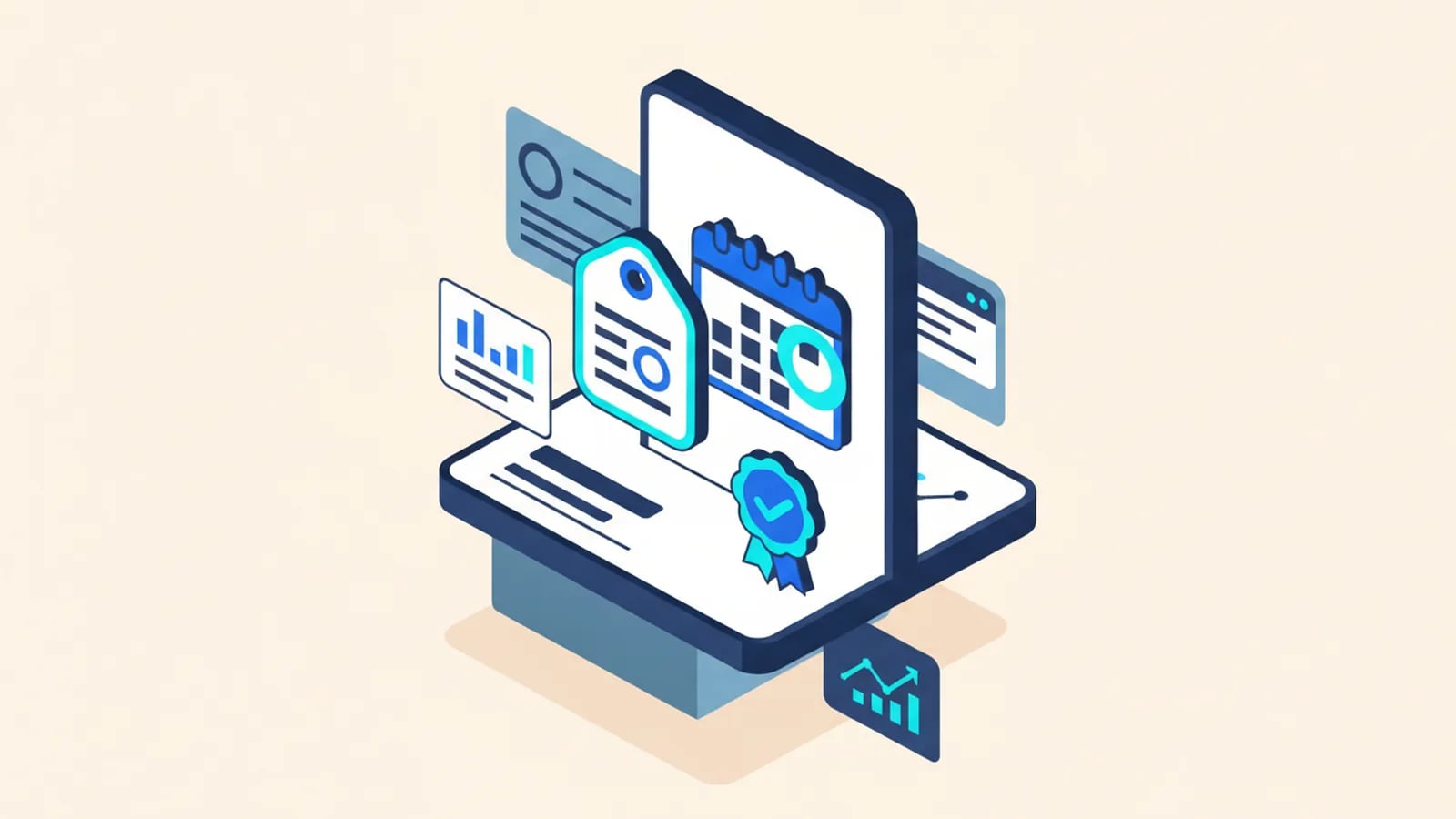 Isometric illustration of a quote document with a price tag, a delivery calendar and a rosette badge.