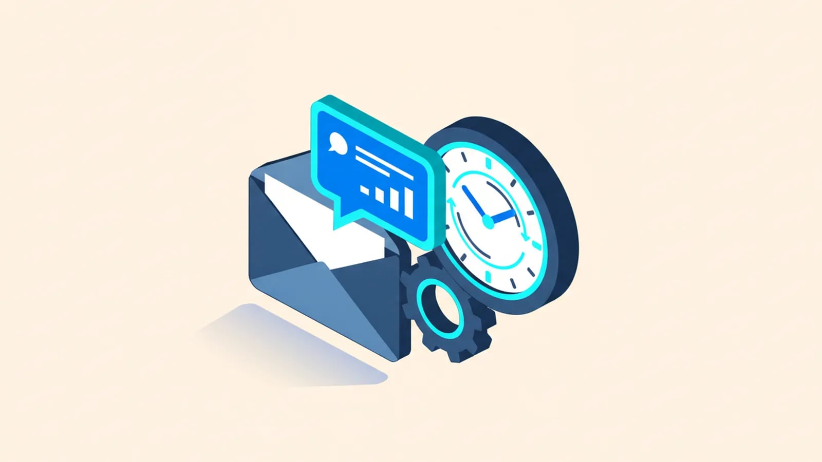 Isometric illustration of an envelope opening into a reply speech bubble beside a clock.