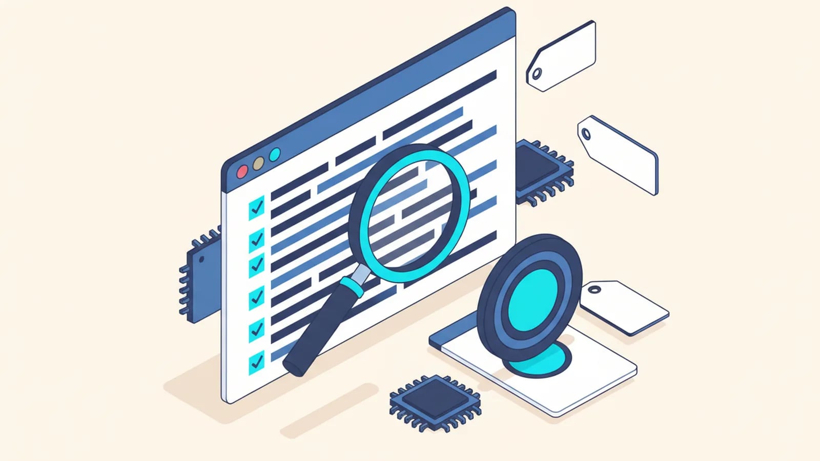 Isometric illustration of a code window with line-by-line check marks, a large magnifying glass over it and a round approval seal.
