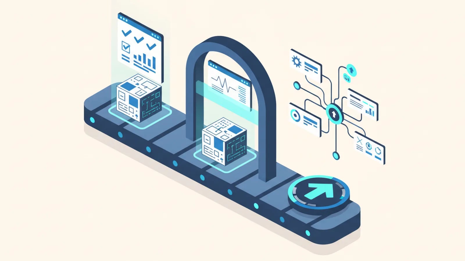 Isometric illustration of a pipeline conveyor passing a code block through a test gate and a scanner toward a passed badge, beside a dependency graph.