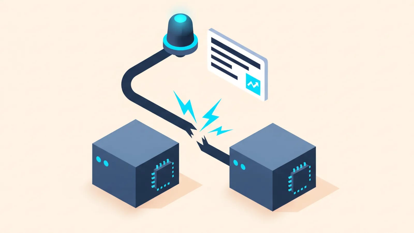 Isometric illustration of two systems joined by a broken cable, with a flashing alarm beacon and a log panel signalling the failure.