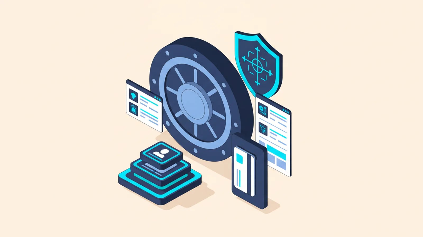 Isometric illustration of a vault door with a dial, stacked role badges, a key card and a shield.