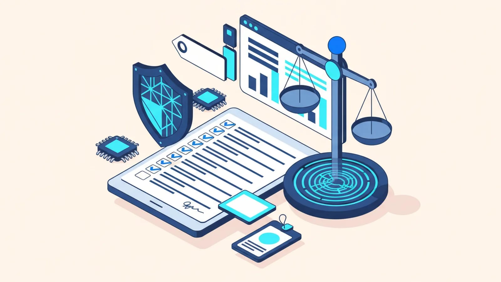 Isometric illustration of a signed scope document with a checklist, a shield, a scales-of-justice symbol and a stamp seal.