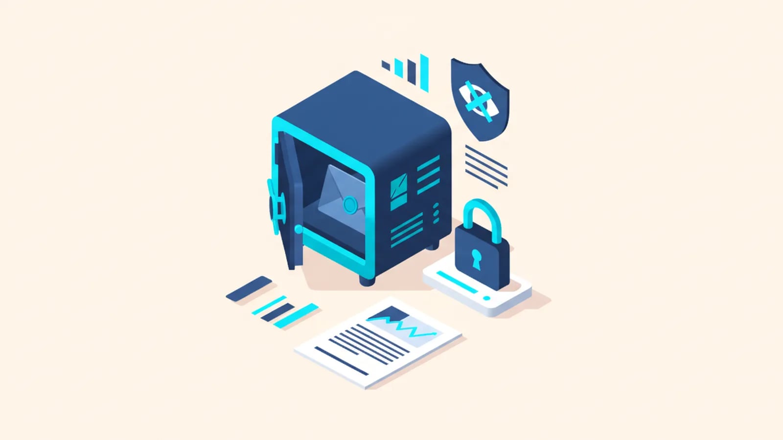 Isometric illustration of an open safe with a sealed envelope, a closed padlock, a document with a signature line and a crossed-out eye.