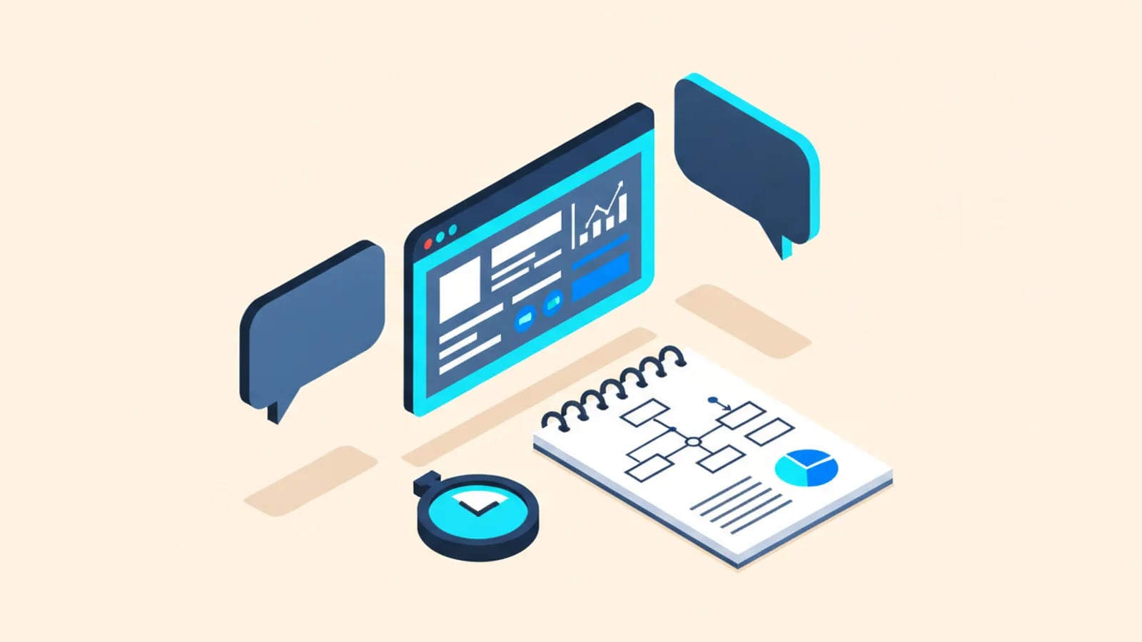 Isometric illustration of a video call window between two speech bubbles, a stopwatch and a notepad with a sketched workflow.