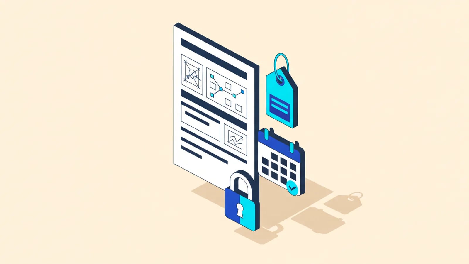 Isometric illustration of a proposal document with wireframe sketches, a price tag, a calendar date and a padlock.