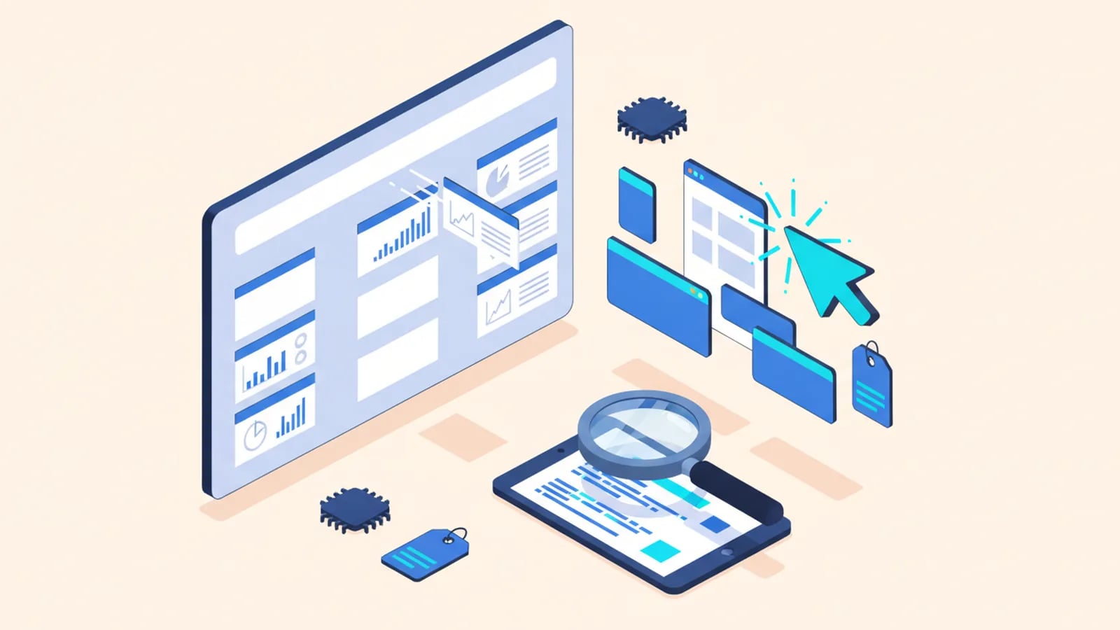 Isometric illustration of a sprint board with moving cards, a cursor assembling an app window and a magnifying glass inspecting the code.