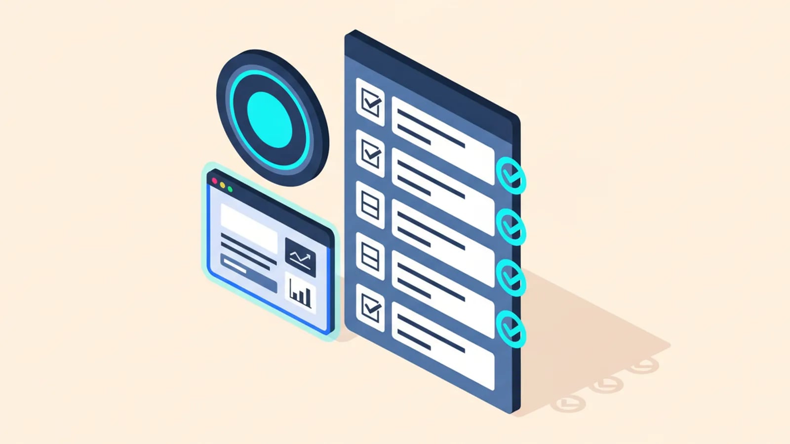 Isometric illustration of an acceptance checklist with check marks beside a running app window and a round approval badge.