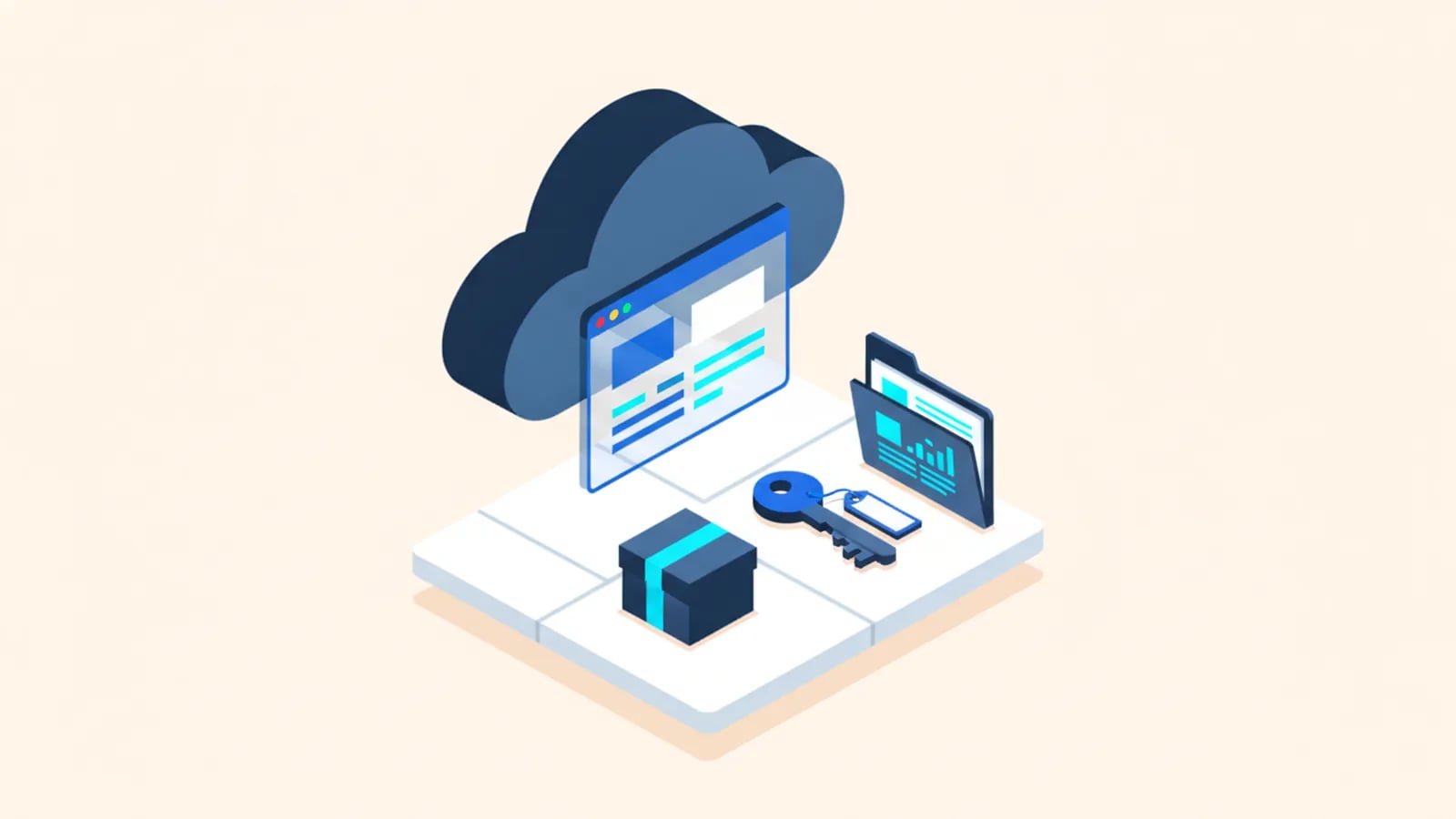 Isometric illustration of a deployed app on a cloud with a sealed package, a key and a repository folder ready for handover.