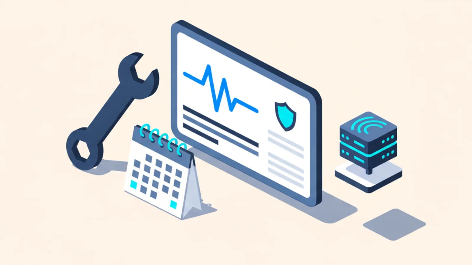 Isometric illustration of a monitoring dashboard with a heartbeat line and a shield, a wrench, a small server and a monthly calendar.