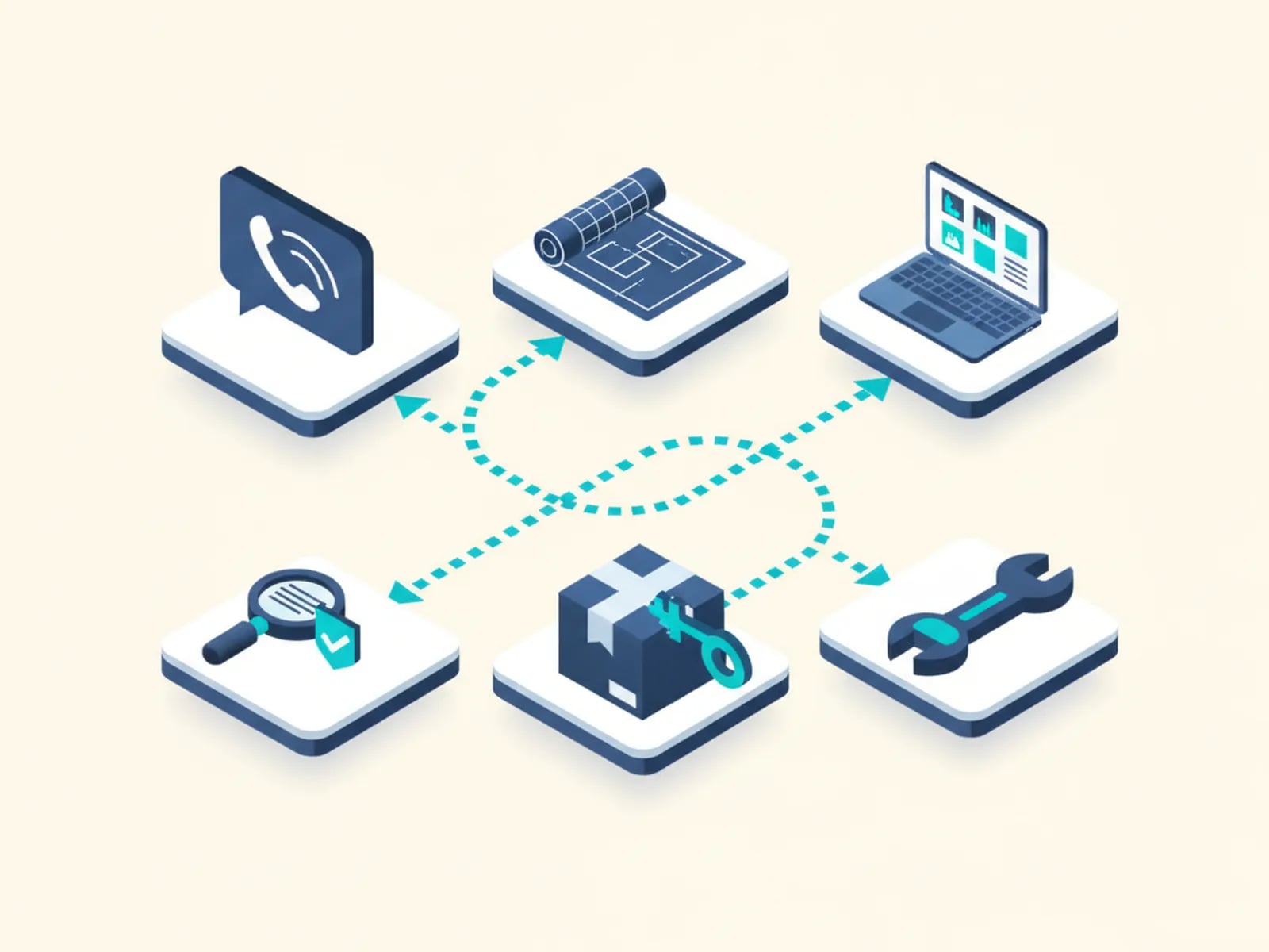 Isometric illustration of six stages on a snaking dotted path: a phone call, a blueprint, a laptop with app blocks, a magnifier with a check badge, a package with a key and a wrench.