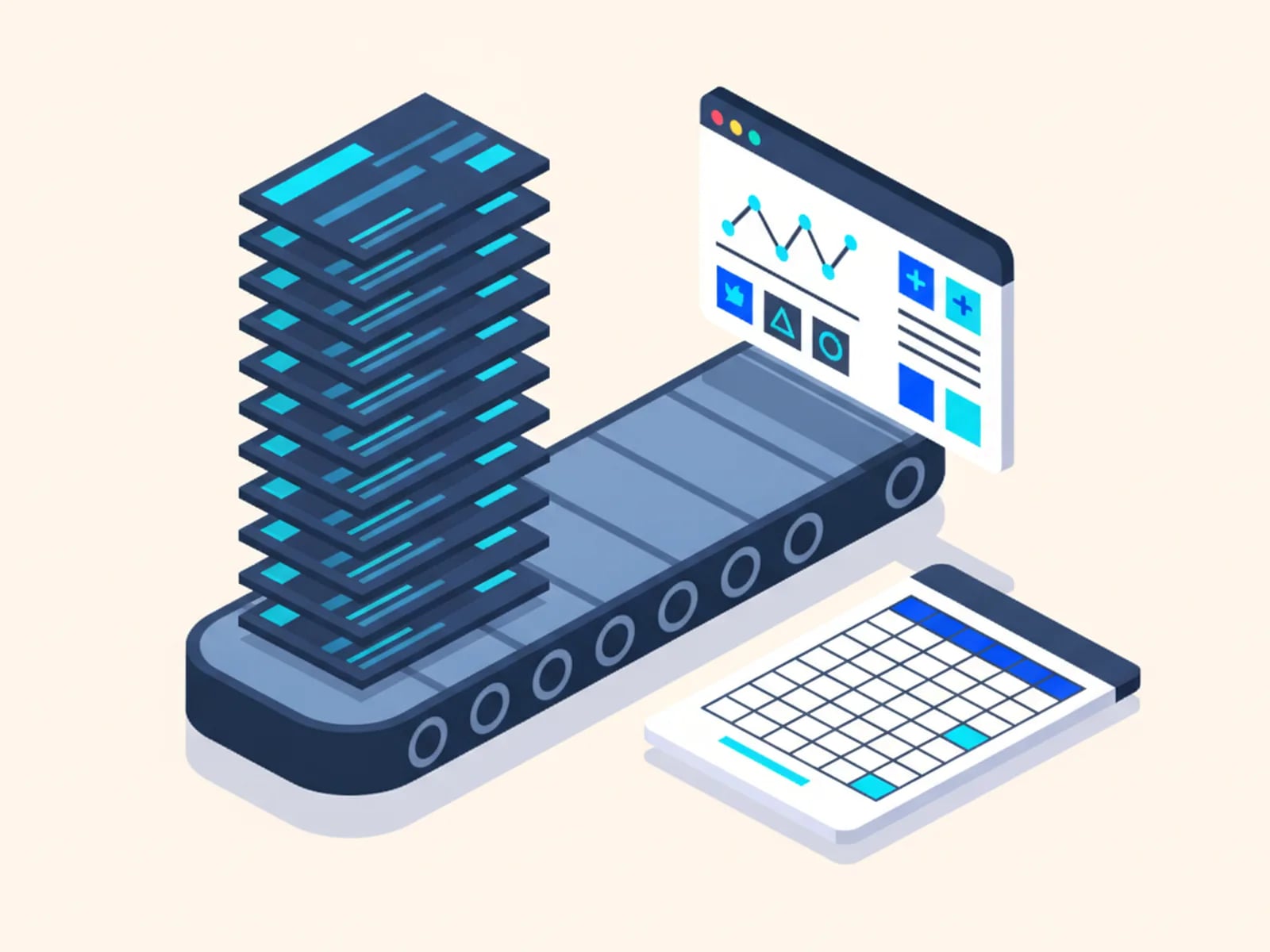 Isometric illustration of a tall queue of ticket cards waiting beside a small admin dashboard and a spreadsheet.