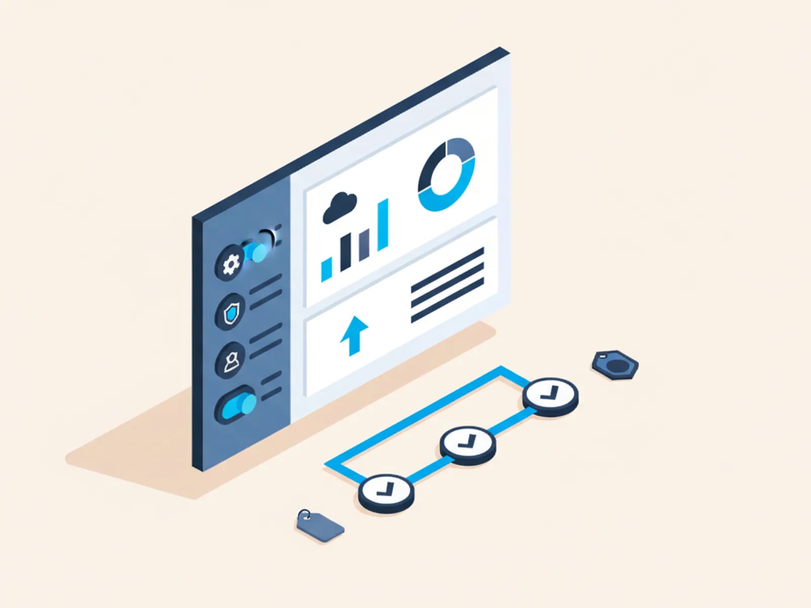 Isometric illustration of an admin panel, an operations dashboard, an approval workflow and linked integration nodes.