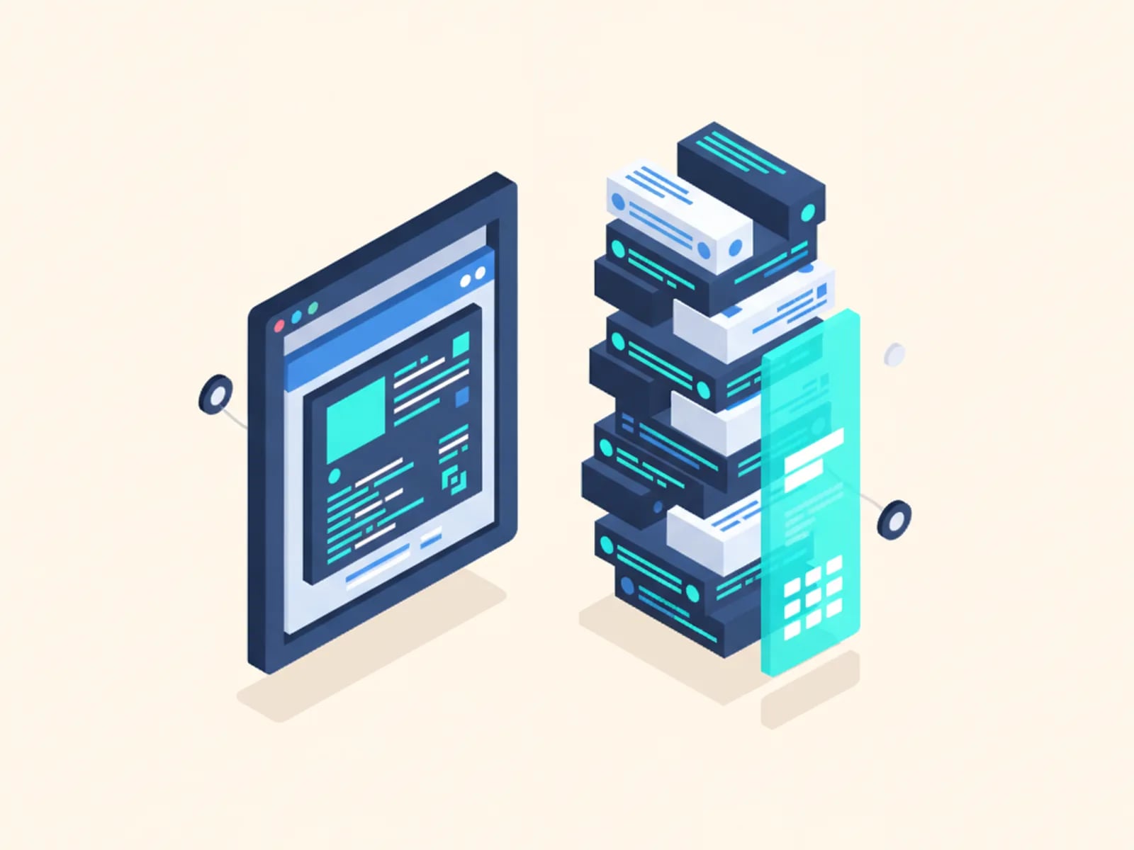 Isometric illustration of a tailored app fitting its frame, beside generic low-code blocks with a per-seat meter.