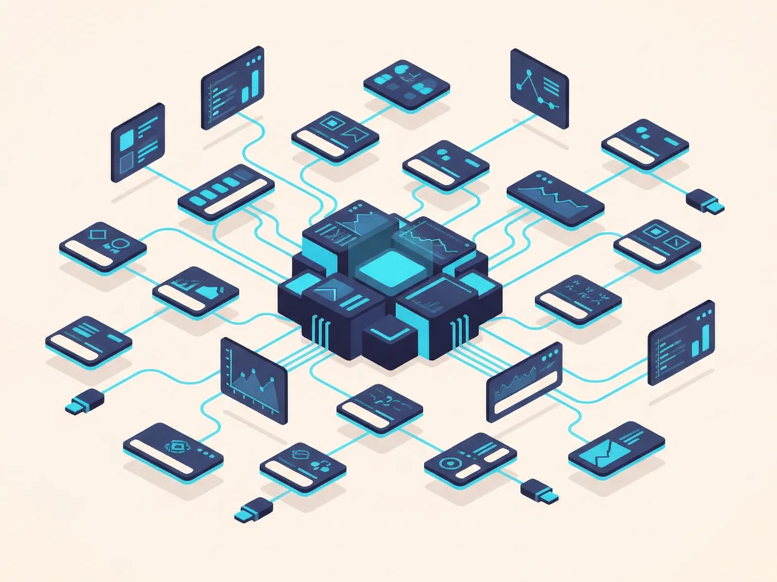 Isometric illustration of scattered SaaS app tiles being connected through plugs into one hub.