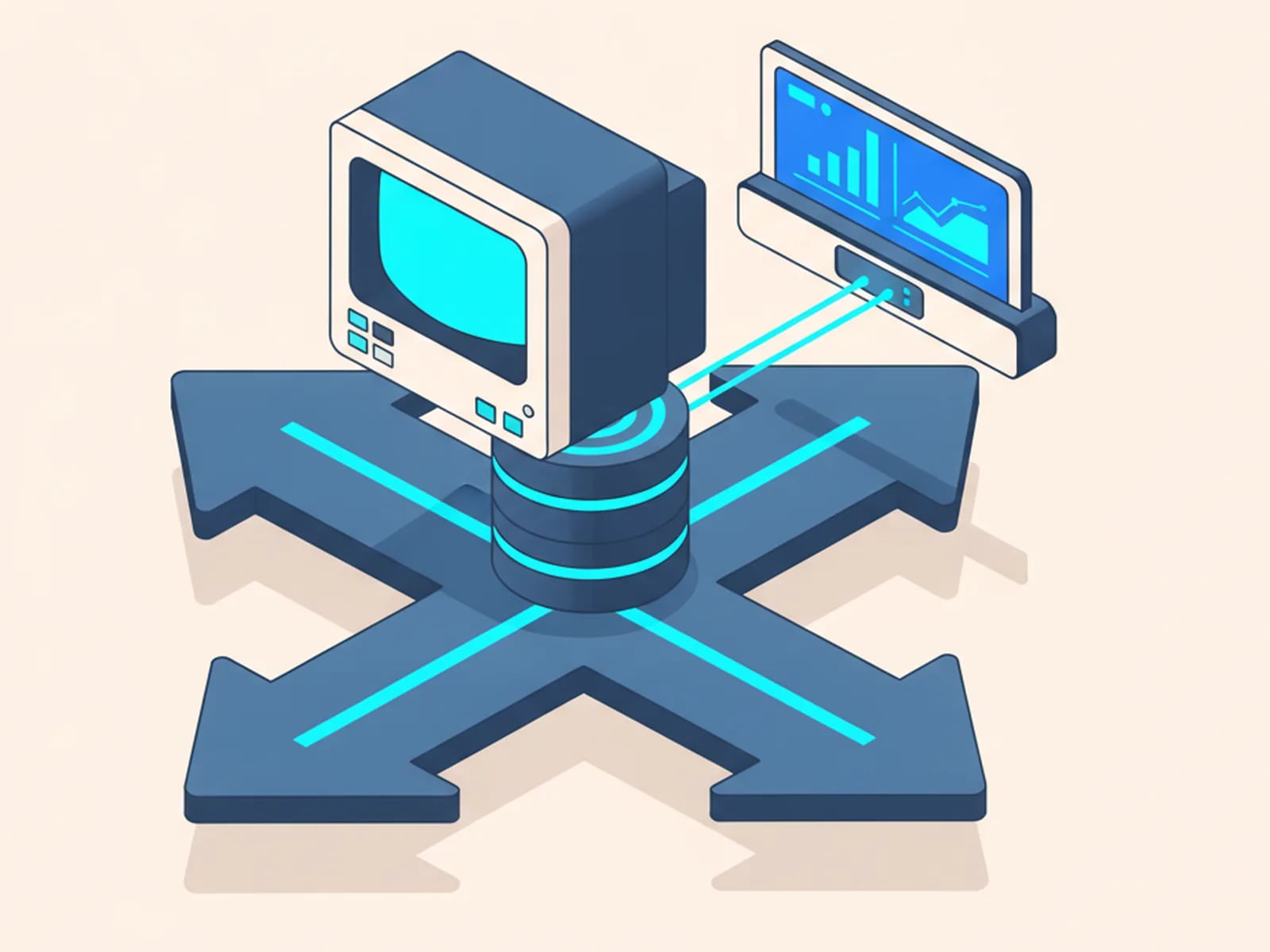 Isometric illustration of an old terminal carried across a bridge into a modern dashboard while the database stays intact.