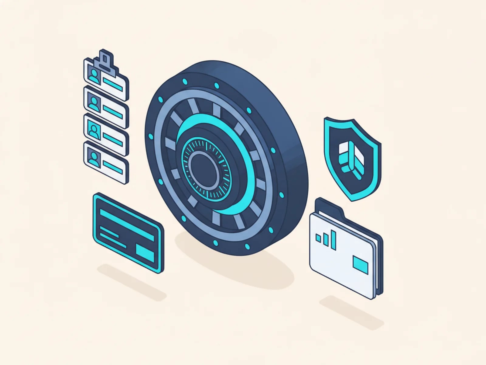 Isometric illustration of a vault door, tiered role badges, a key card, a shield and a handover package.