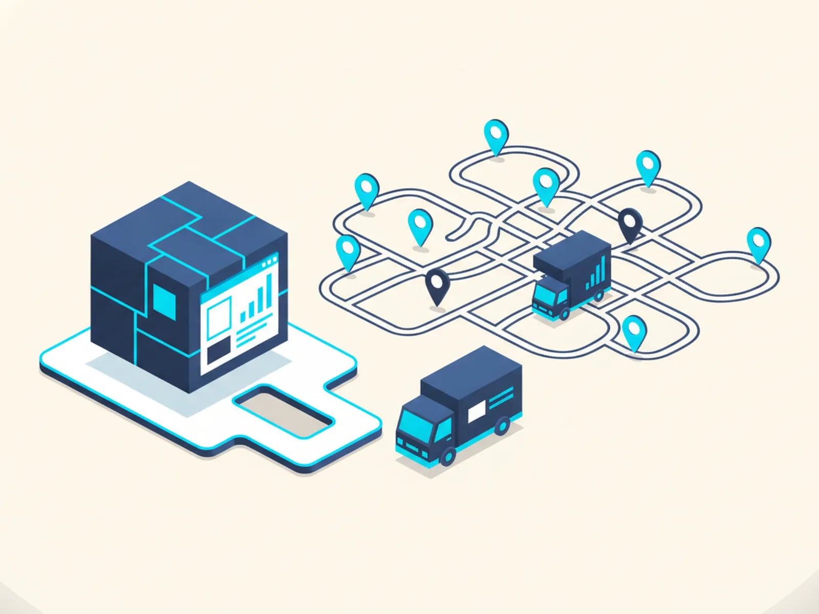 Isometric illustration of a standard software block that does not fit its slot, beside a tangled route map with pins and a truck.