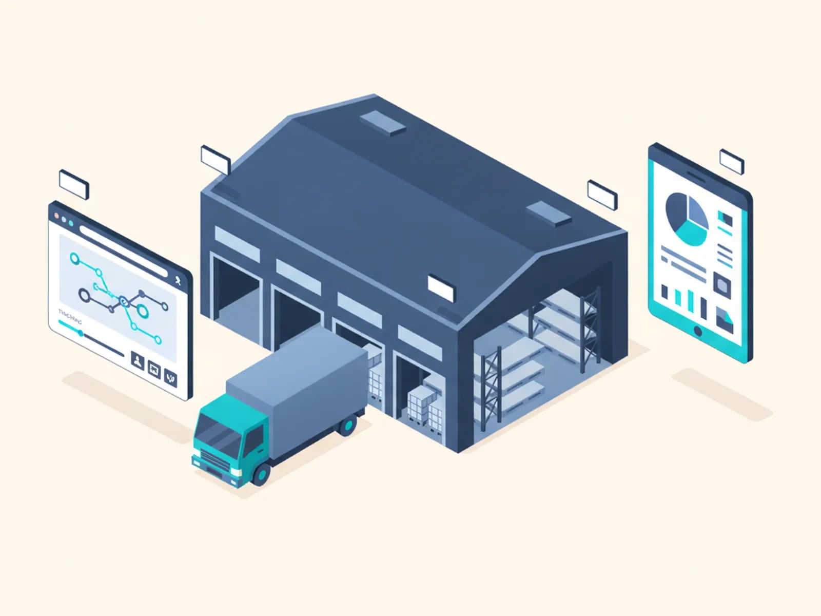 Isometric illustration of a warehouse, a delivery truck, a tracking portal and a dispatch tablet.