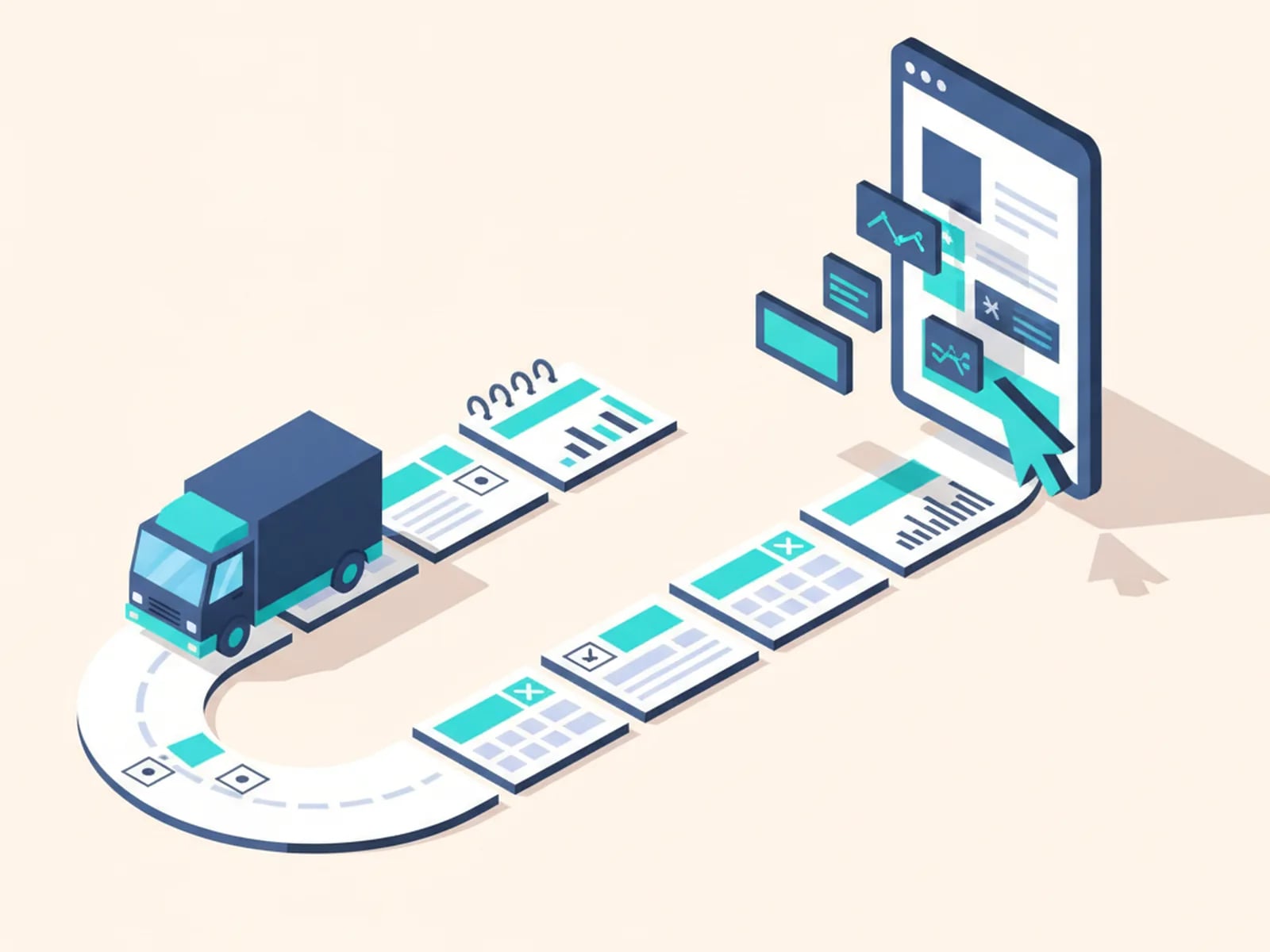 Isometric illustration of a truck driving along a calendar-shaped road to a finished app window assembled from blocks.