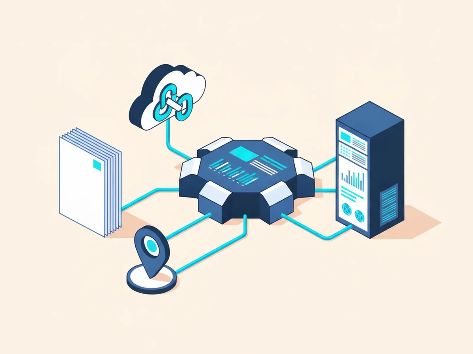 Isometric illustration of an integration hub linked to EDI documents, a telematics device, a cloud API and an ERP cabinet.