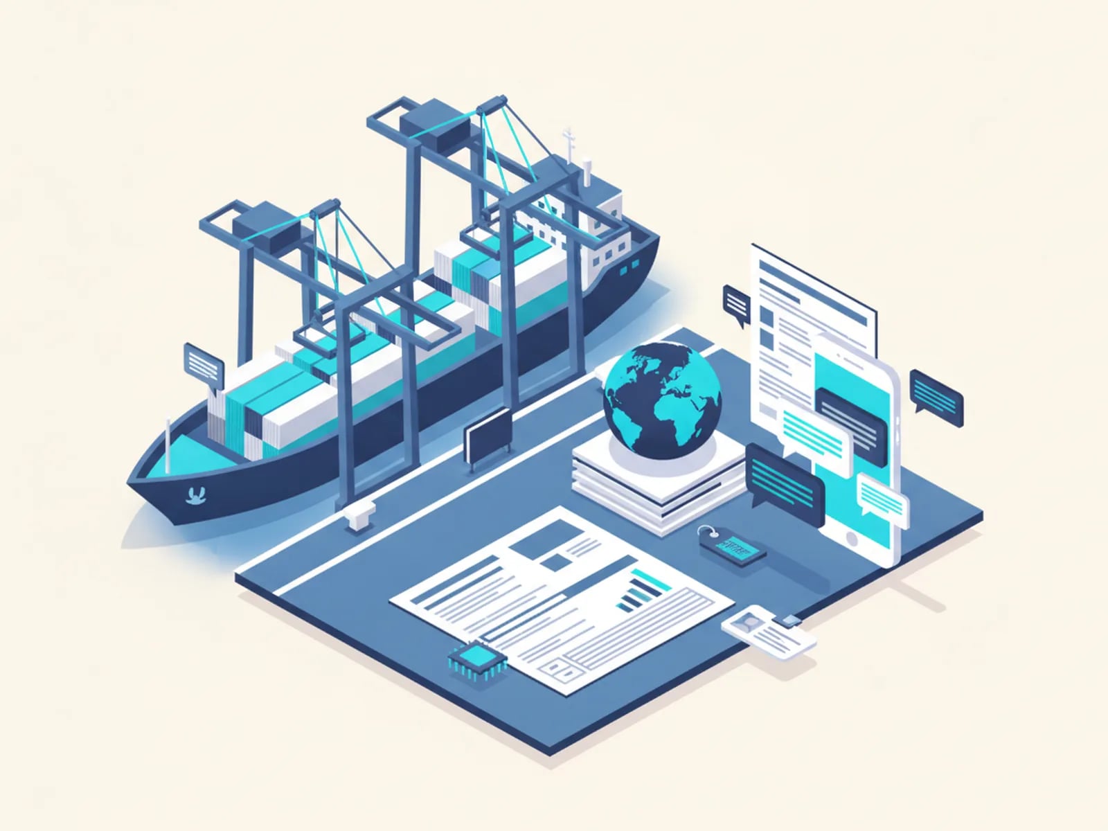 Isometric illustration of a container ship, customs documents, a globe and a driver app with speech bubbles in several languages.