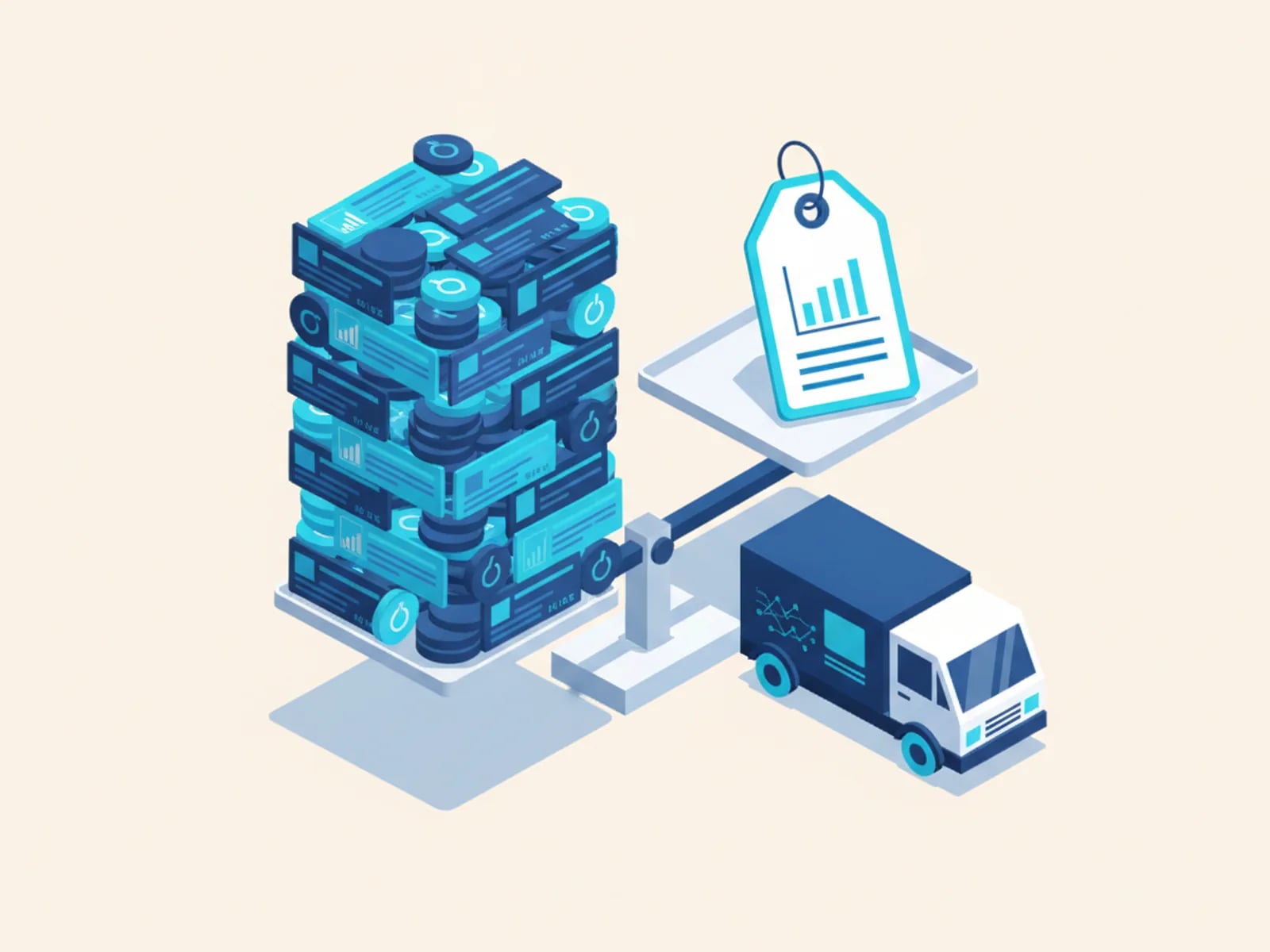 Isometric illustration of a balance scale weighing a stack of licence keys against a single price tag, beside a truck.