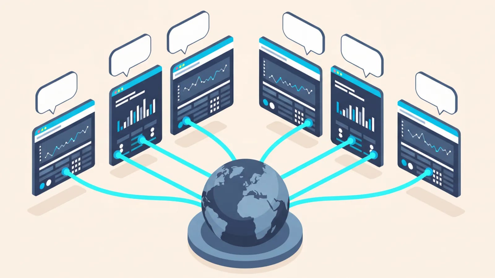 Isometric illustration of a globe linked to six dashboard windows, each with its own speech bubble, showing one product in many languages.