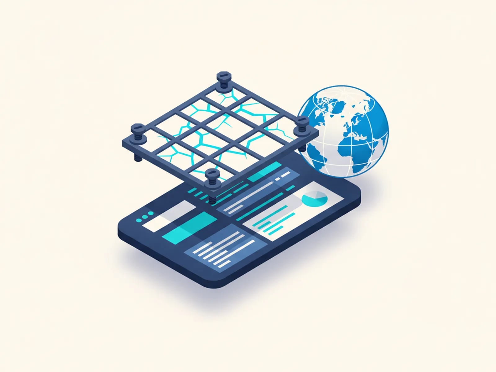 Isometric illustration of a finished app with a translation layer bolted on crookedly, beside a globe.